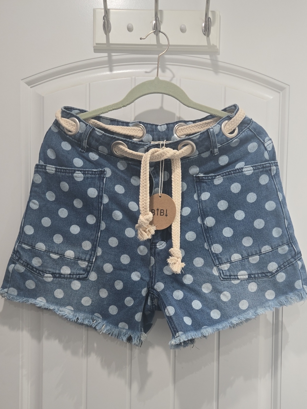 Bibi Polka Dot Rope-Waist Denim Shorts - Blue